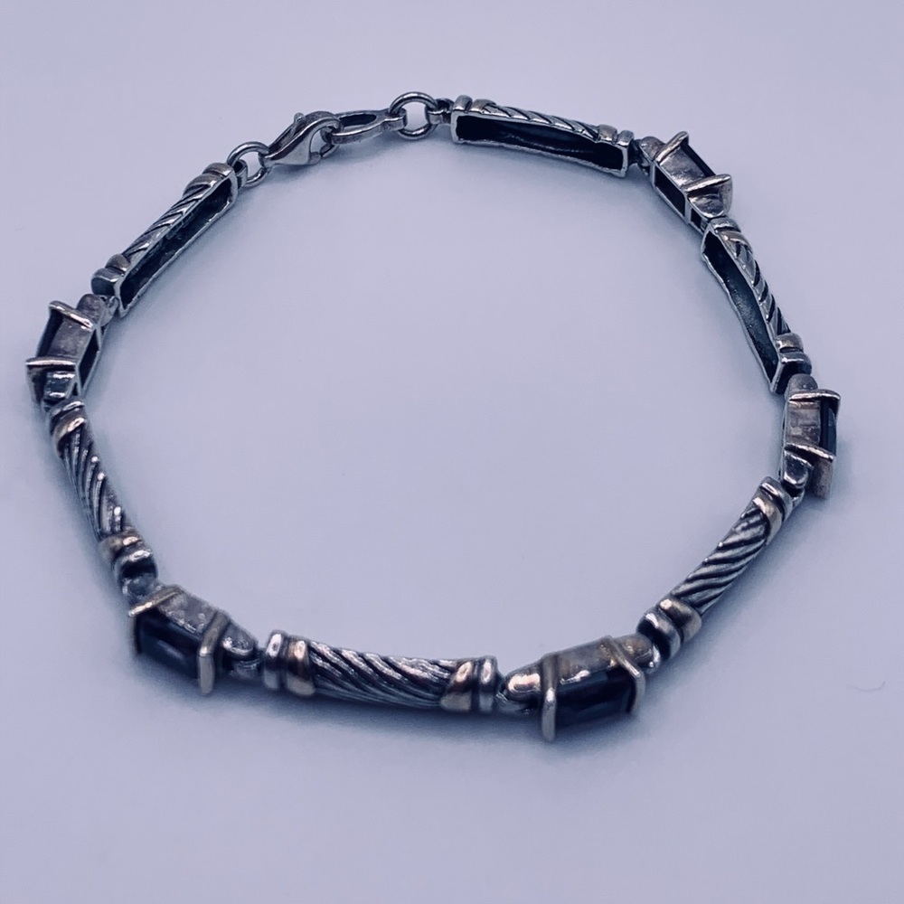 Bold Sterling Silver w/Faceted Emerald Cut Amethyst’s & Gold Accents Bracelet - Picture 7 of 16